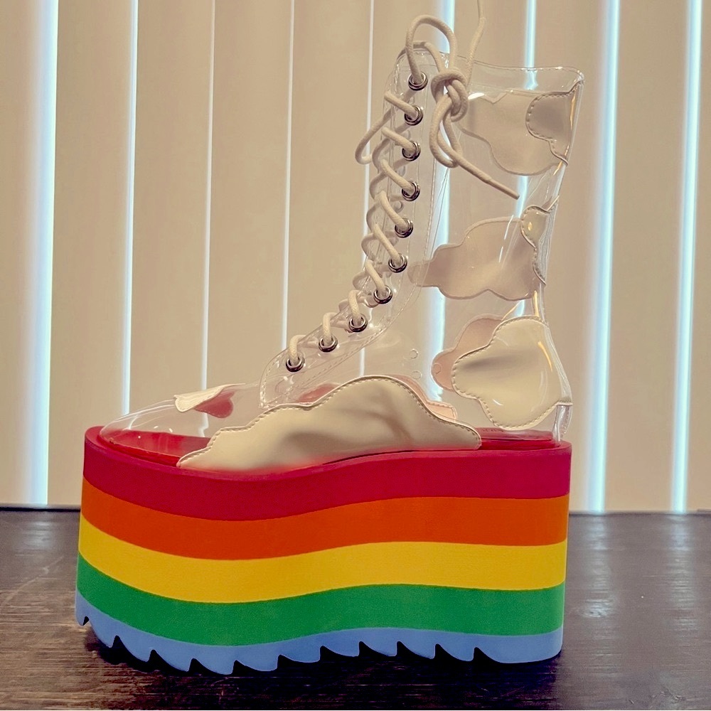 🏳️‍🌈 NIB Dollskill Happy Daze Rainbow Platform Clear Clouds Lace-Up Boots Pride